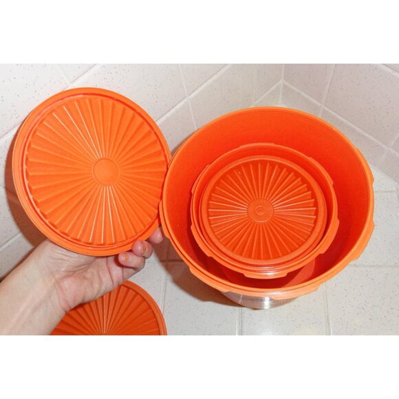 Vintage Orange Tupperware Nesting Canister Set of 3 servalier mcm 1970s storage - Picture 8 of 16